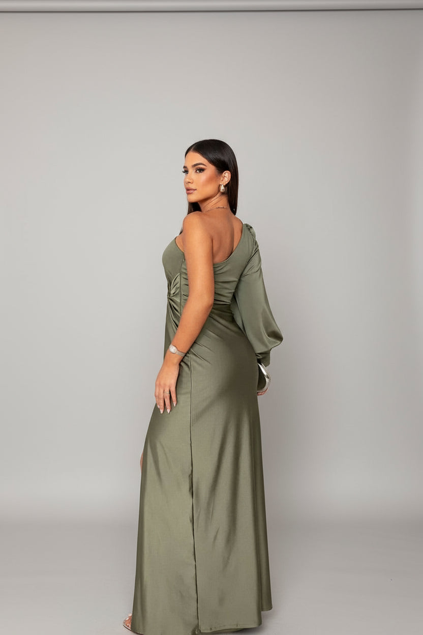 Olive Green Elegant One Shoulder Wedding Guest Dress – back view with draped detail